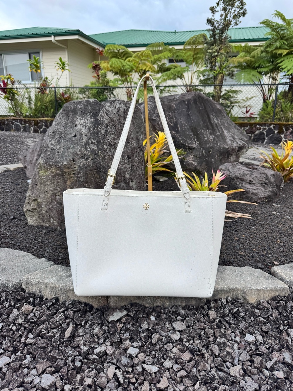Tory Burch White Saffiano Leather Tote Bag Gold Logo Large Shoulder Purse
